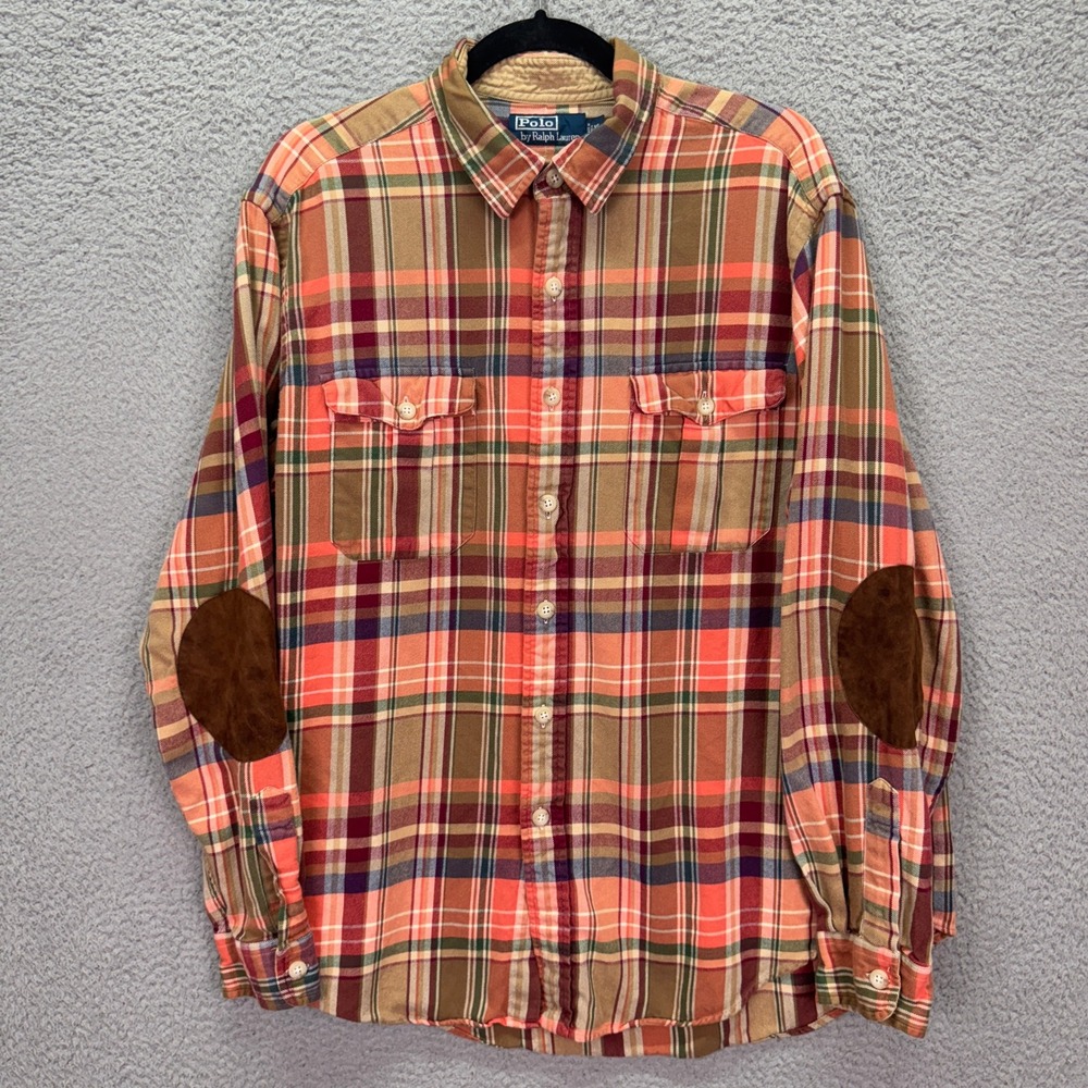 VTG Polo Ralph Lauren Shirt Mens XL Orange Brown Plaid Flannel Elbow Patches 90s - Picture 1 of 9